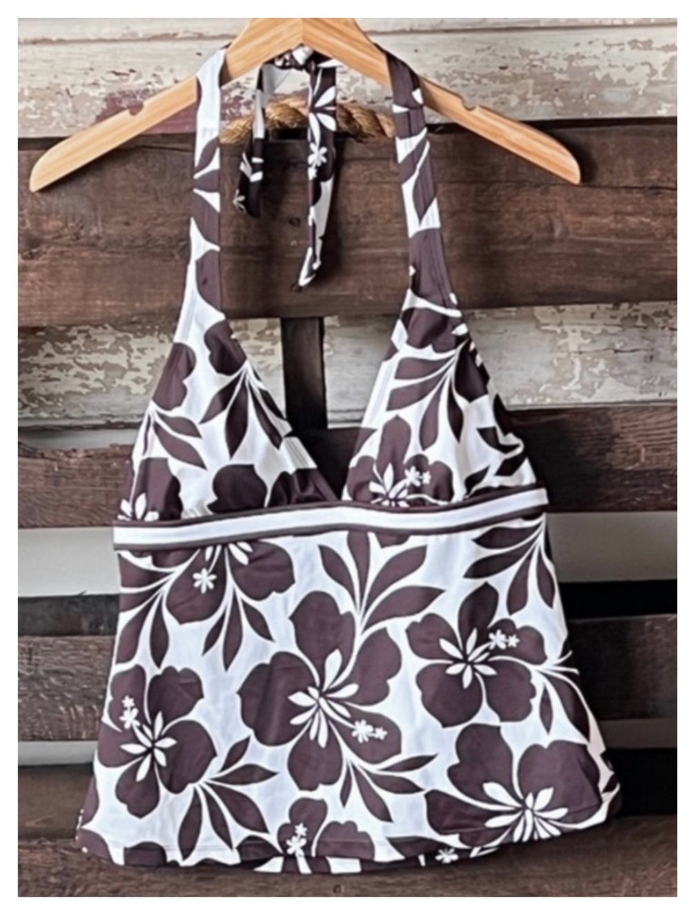 SONOMA Halter Tie Tankini Top in Brown/White Floral Sz 12